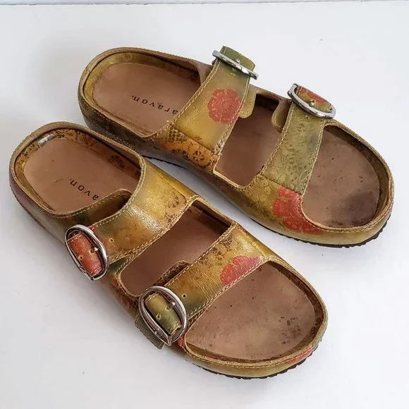 Boho ARAVON Slides Genuine Leather Mustard Floral sandal Slip-on Sandal Flats - Picture 7 of 16